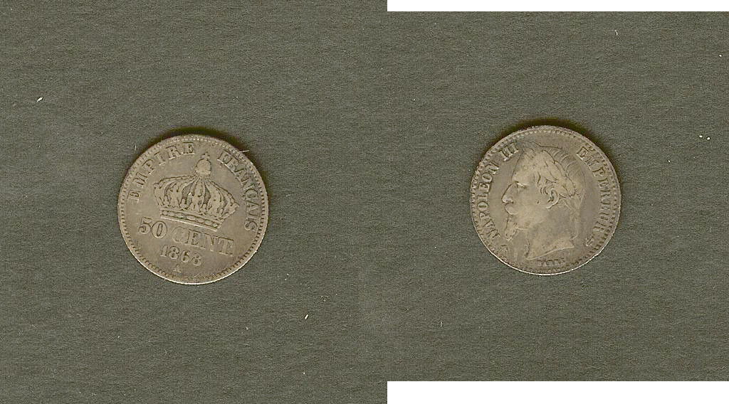 50 centimes Napoléon III, tête laurée 1868 Paris TB+